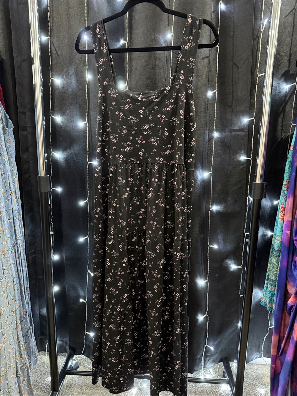 Black Floral Maxi Dress with Pink Accents